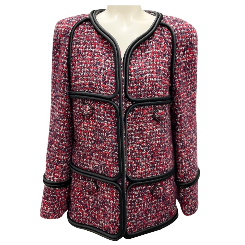 CHANEL RED / NAVY / BLACK SILK TRIMMED BOUCLE CASHMERE TWEED JACKET